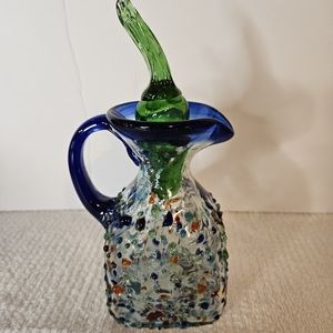 Mexican Hand Blown Confetti Pebbled Vinaigrette Server Bottle Jalapeno Stopper